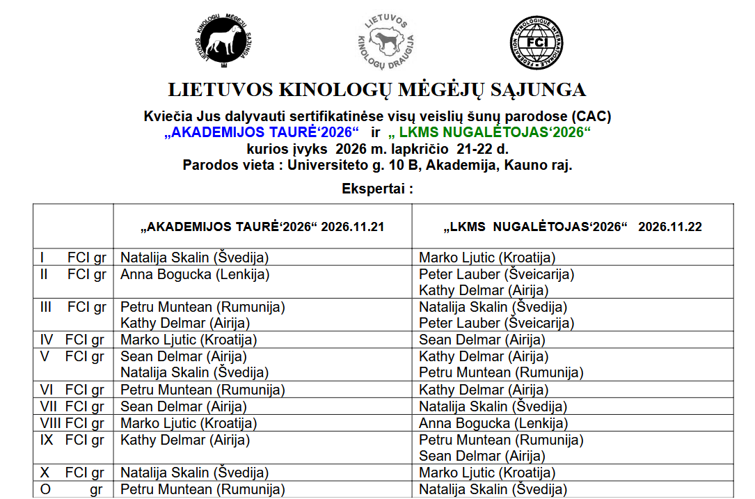 Akademijos taurė’2026 ir LKMS nugalėtojas’2026 - visų veislių šunų parodos