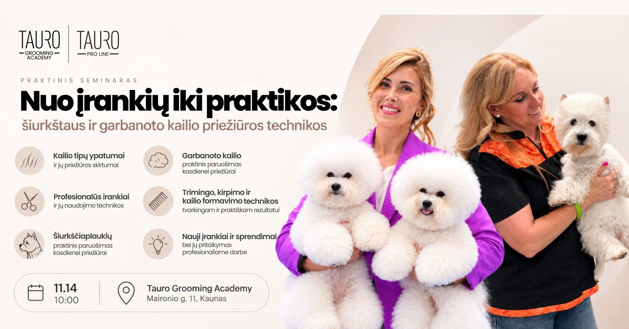 Nuo įrankių iki praktikos: šiurkštaus ir garbanoto kailio priežiūros technikos - praktinis seminaras